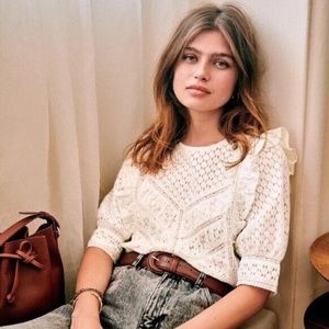 Sézane Fanon Ruffle Lace Blouse, Ecru, EU34